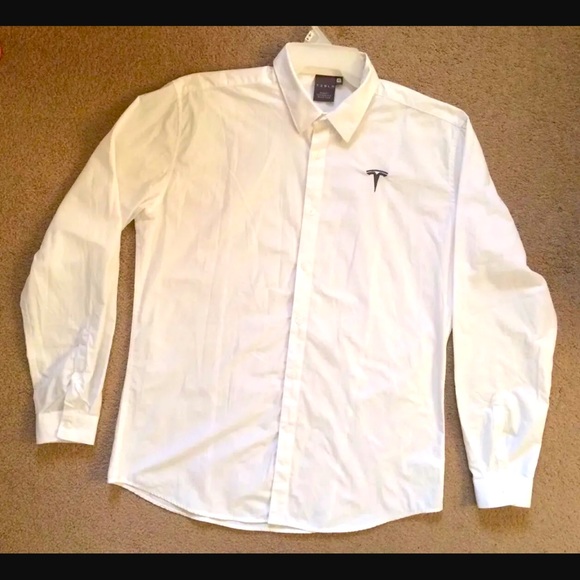 TESLA - Men's Size XL White Button Up Long Sleeve Collared Dress Shirt Logo - Picture 9 of 10